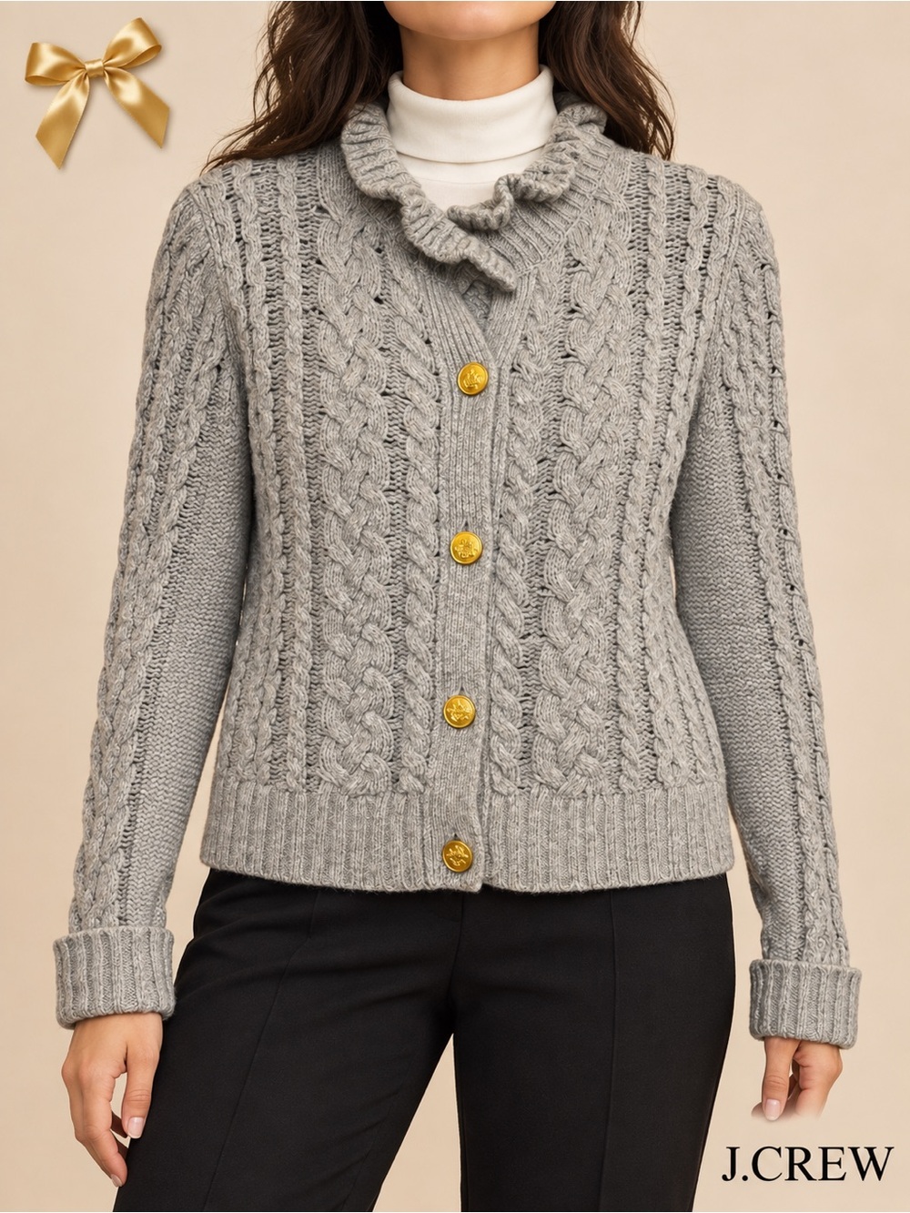 J.Crew Lambswool Gray Cable Knit Ruffle Neck Cardigan Gold Buttons Size Medium